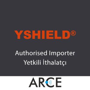 YSHIELD – “Authorised Importer / Yetkili İthalatçı” rozeti; koyu zemin üzerinde, altta Arce Elektronik A.Ş. logosu